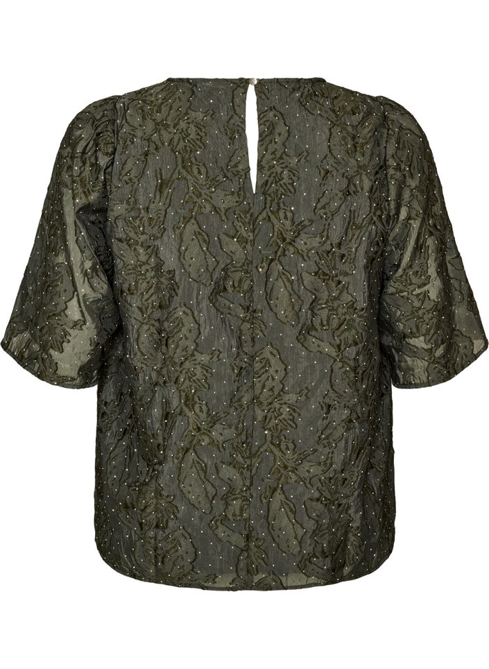 Jacquard bluse med glitrende detaljer og puffede ermer, Gr&oslash;nn, Packshot image number 1