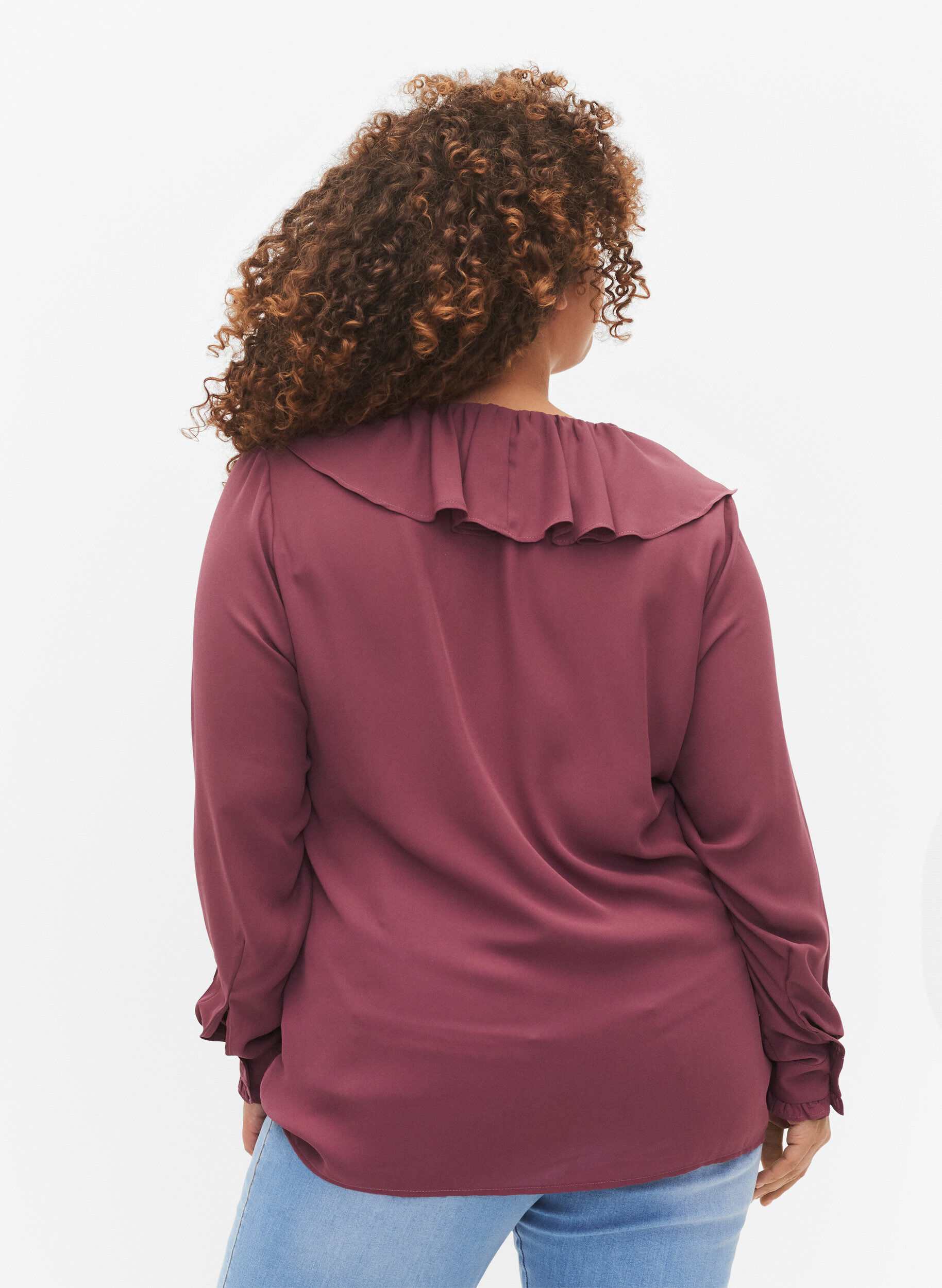Zizzi Bluse med lange ermer og volanger, Renaissance Rose, Model image number 1