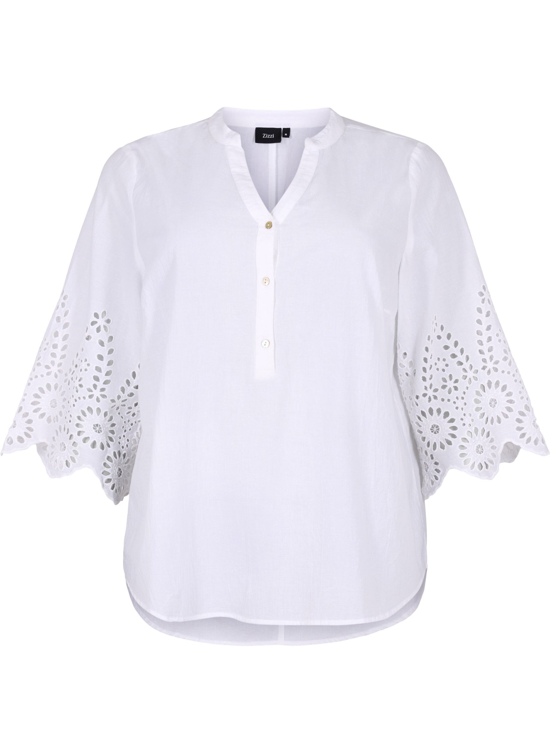 ZizziSkjortebluse med broderi anglaise og 3/4-ermer, Bright White, Packshot image number 0