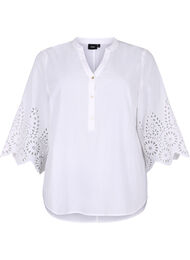 Skjortebluse med engelsk broderi og 3/4-ermer, Bright White