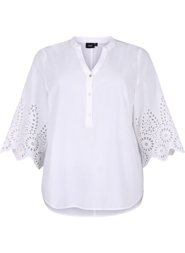 Skjortebluse med engelsk broderi og 3/4-ermer, Bright White, Packshot image number 0
