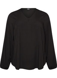 Viskosebluse med V-hals og lange ermer, Svart