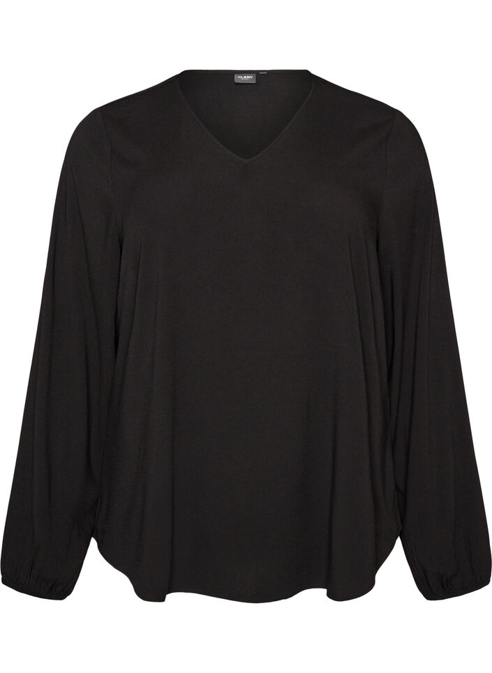 Viskosebluse med V-hals og lange ermer, Svart, Packshot image number 0