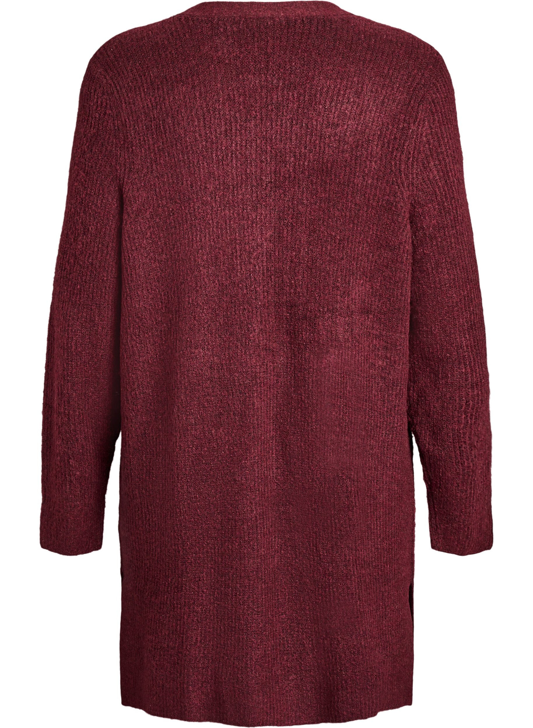 Zizzi Lang ribbestrikket cardigan med &aring;pen front, R&oslash;d, Packshot image number 1