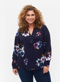 FLASH - Langermet bluse med mønster, Big Blue Flower, Model