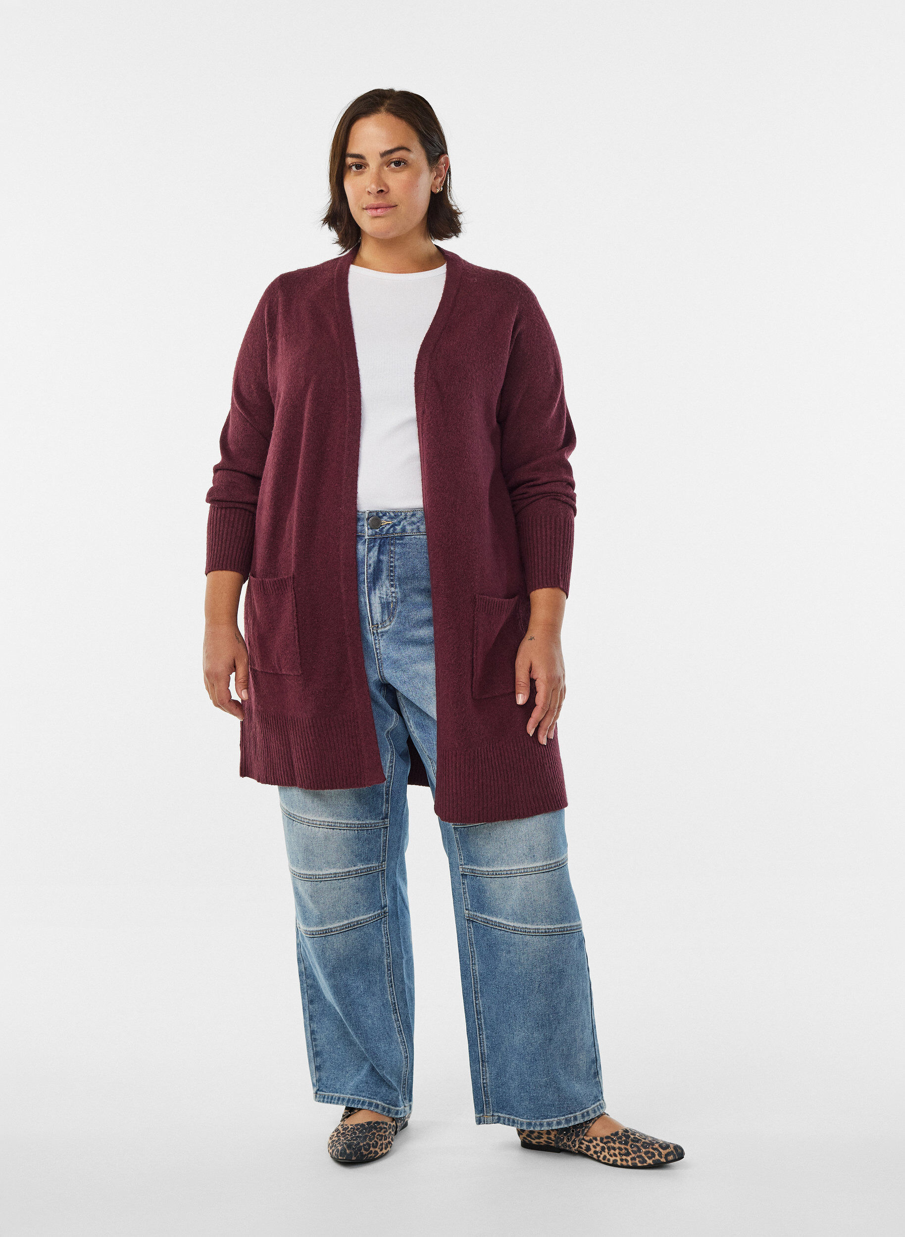 ZizziRibbestrikket cardigan med lommer, M&oslash;rk Bordeaux, Model image number 1