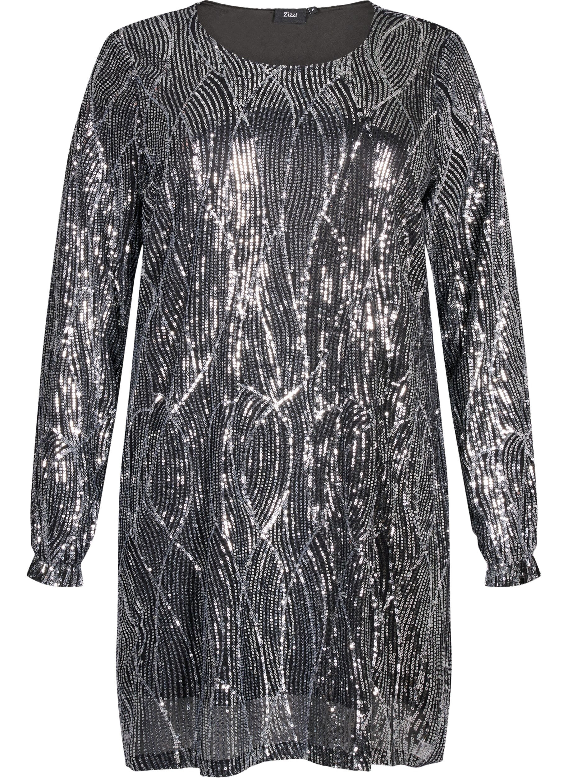 Zizzi Langermet paljettkjole med m&oslash;nster, Silver Sequins, Packshot image number 0