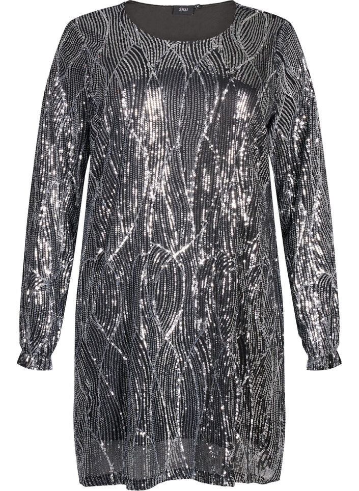 Langermet paljettkjole med mønster, Silver Sequins, Packshot image number 0