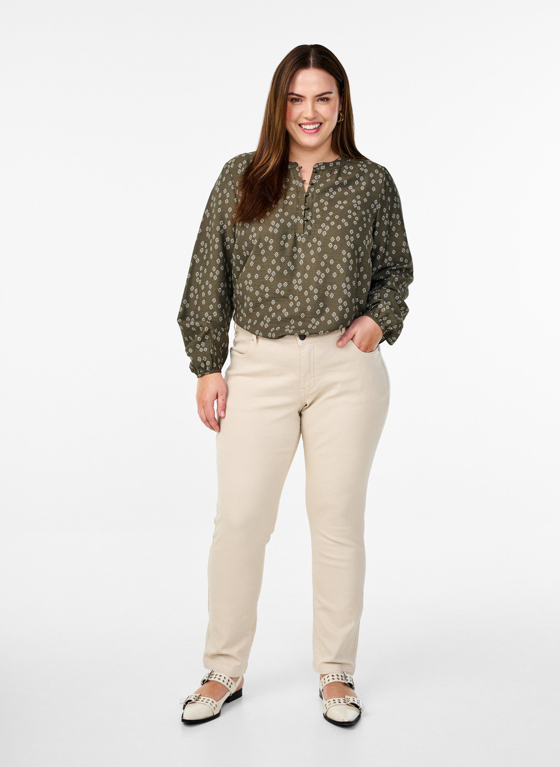 Zizzi Slim fit Emily-jeans med regular waist, Beige, Model image number 0