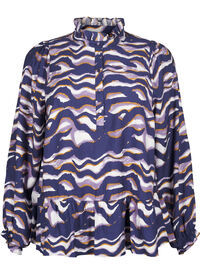Bluse med print og A-linjeform, Blå Bluse med print og A-linjeform