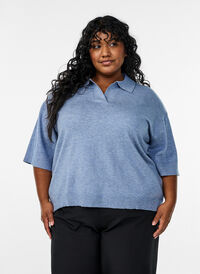 Strikket bluse med krage og korte ermer, Blå Strikket bluse med krage og korte ermer, Blå, Model