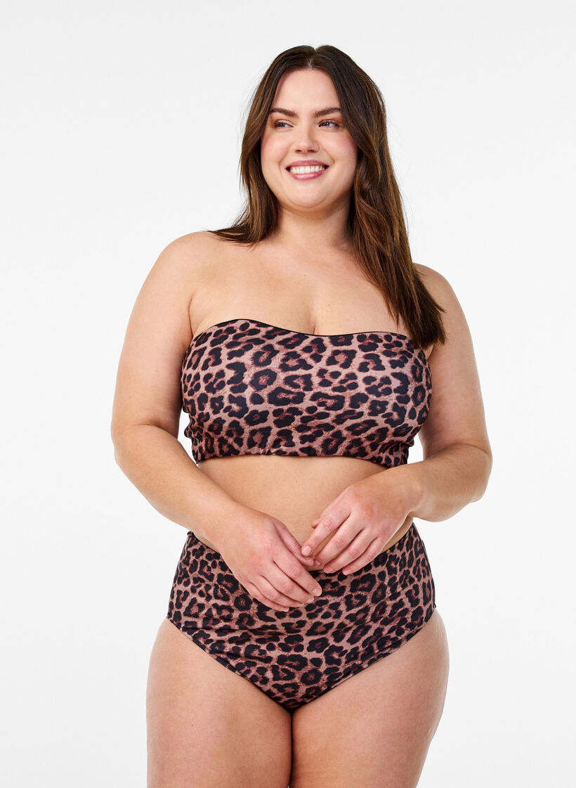 Leopardmønstret bandeau bikinitopp, Beige, Model image number 1