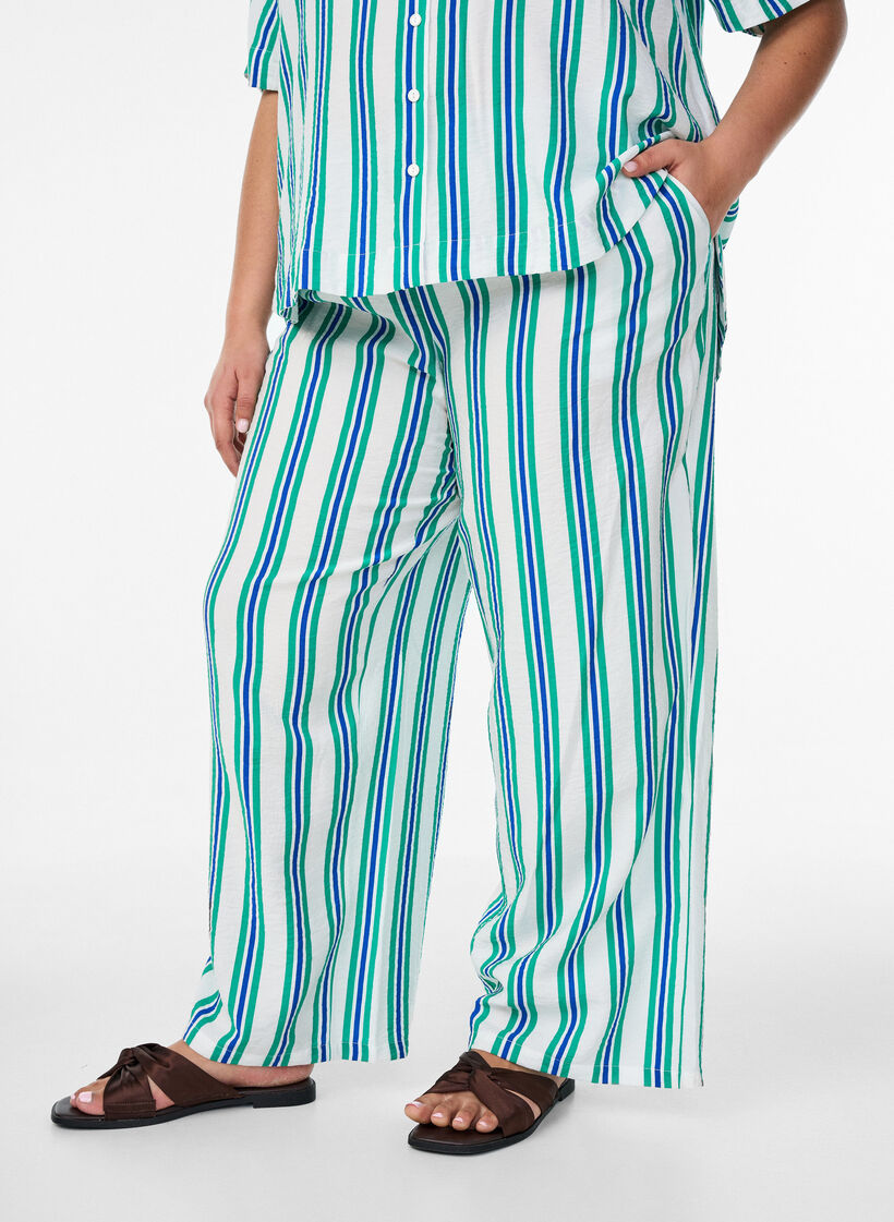 Stripete bukser med h&oslash;y midje og vide ben, Vanilje, Model image number 0