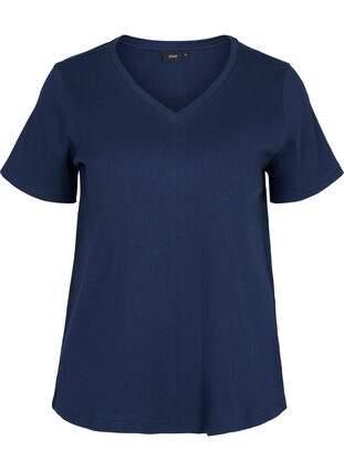 T-skjorte med en ribbet struktur i bomull, Navy Blazer, Packshot image number 0