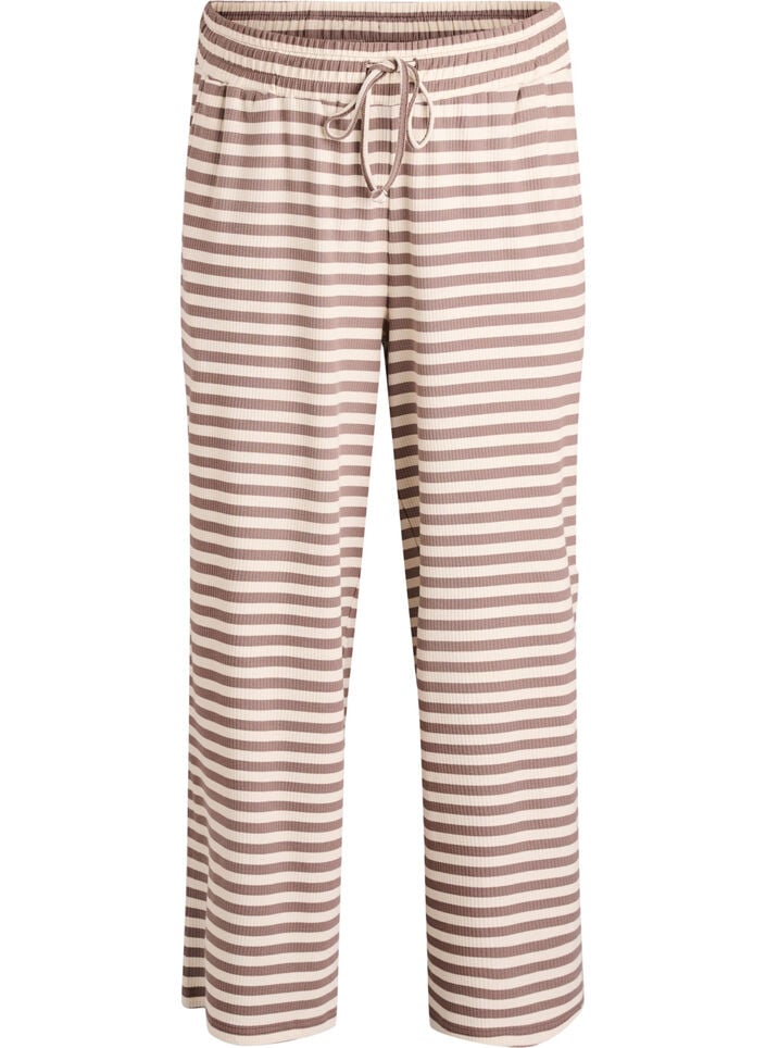 Stripete pyjamasbukser med høy midje og vide ben, Beige, Packshot image number 0
