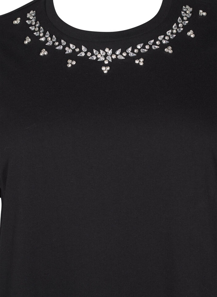 T-skjorte med rund hals og rhinestones, Black, Packshot image number 2