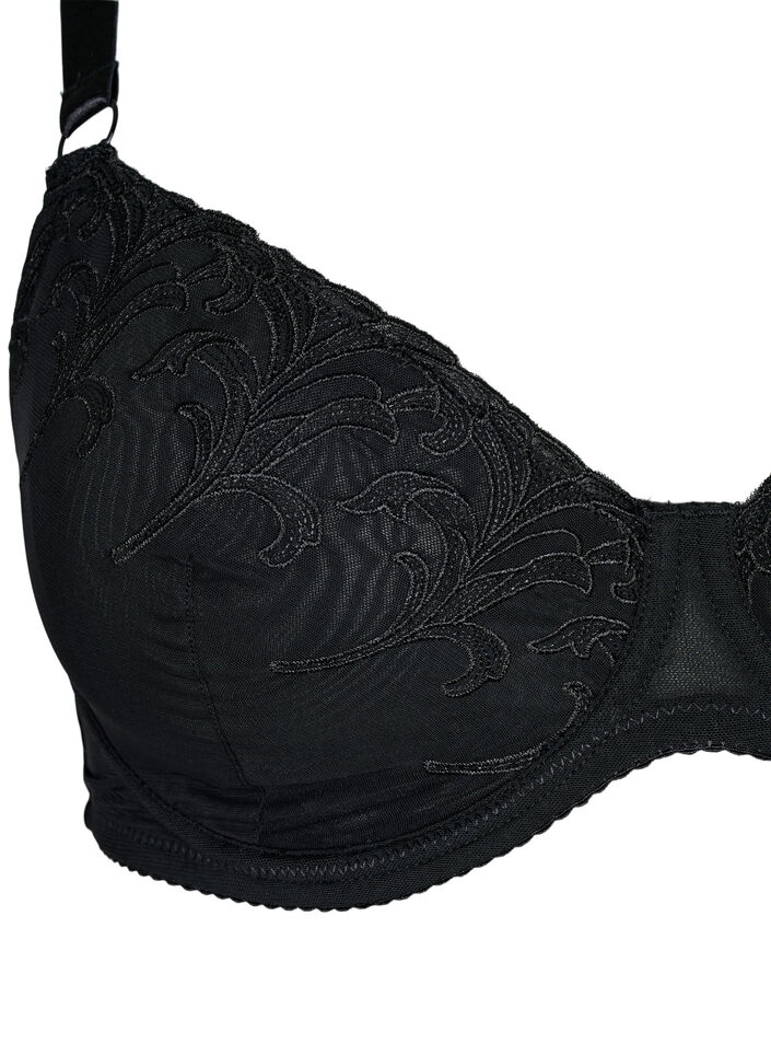 Full dekkende BH i mesh med brodert mønster, Black, Packshot