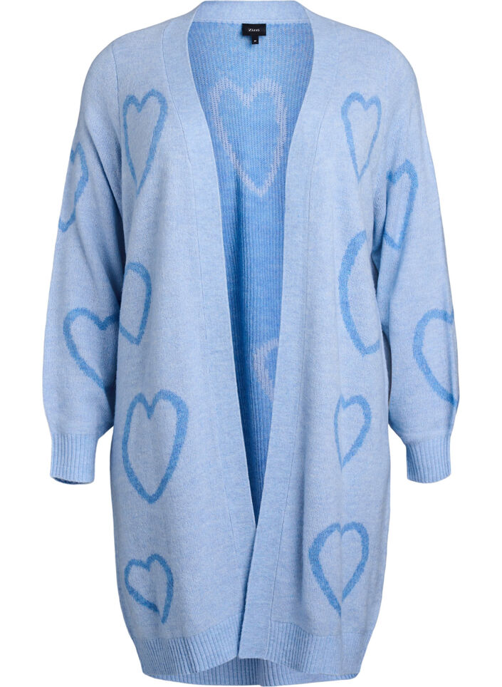 Lang cardigan med tone-i-tone hjerter, Blå, Packshot image number 0