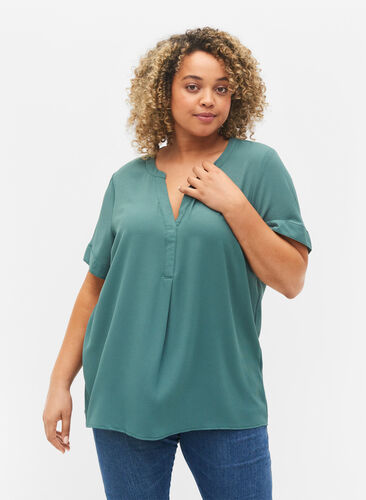 Kortermet bluse med V-hals, Mallard Green, Model image number 0