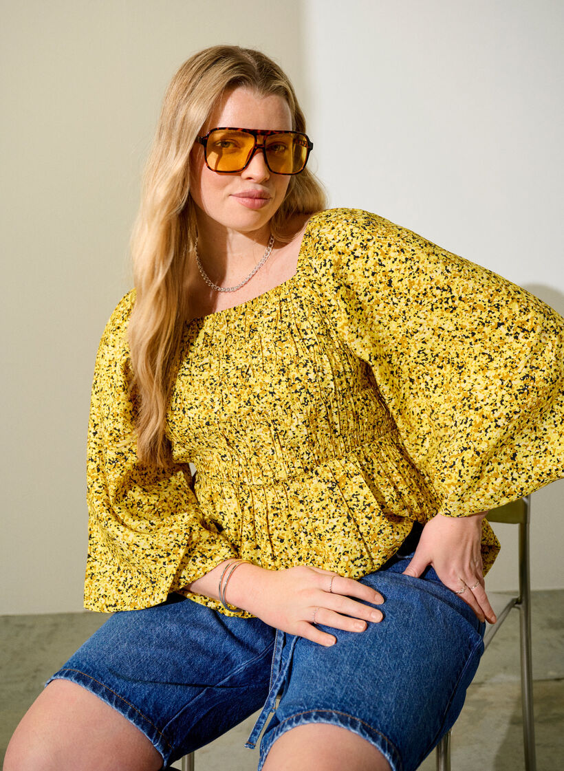 Bluse med smock og firkantet utringning, Gul, Image