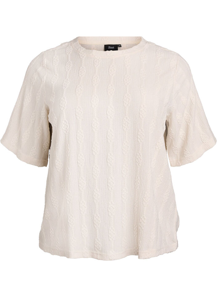 Bluse med strukturm&oslash;nster og korte ermer, Beige, Packshot image number 0