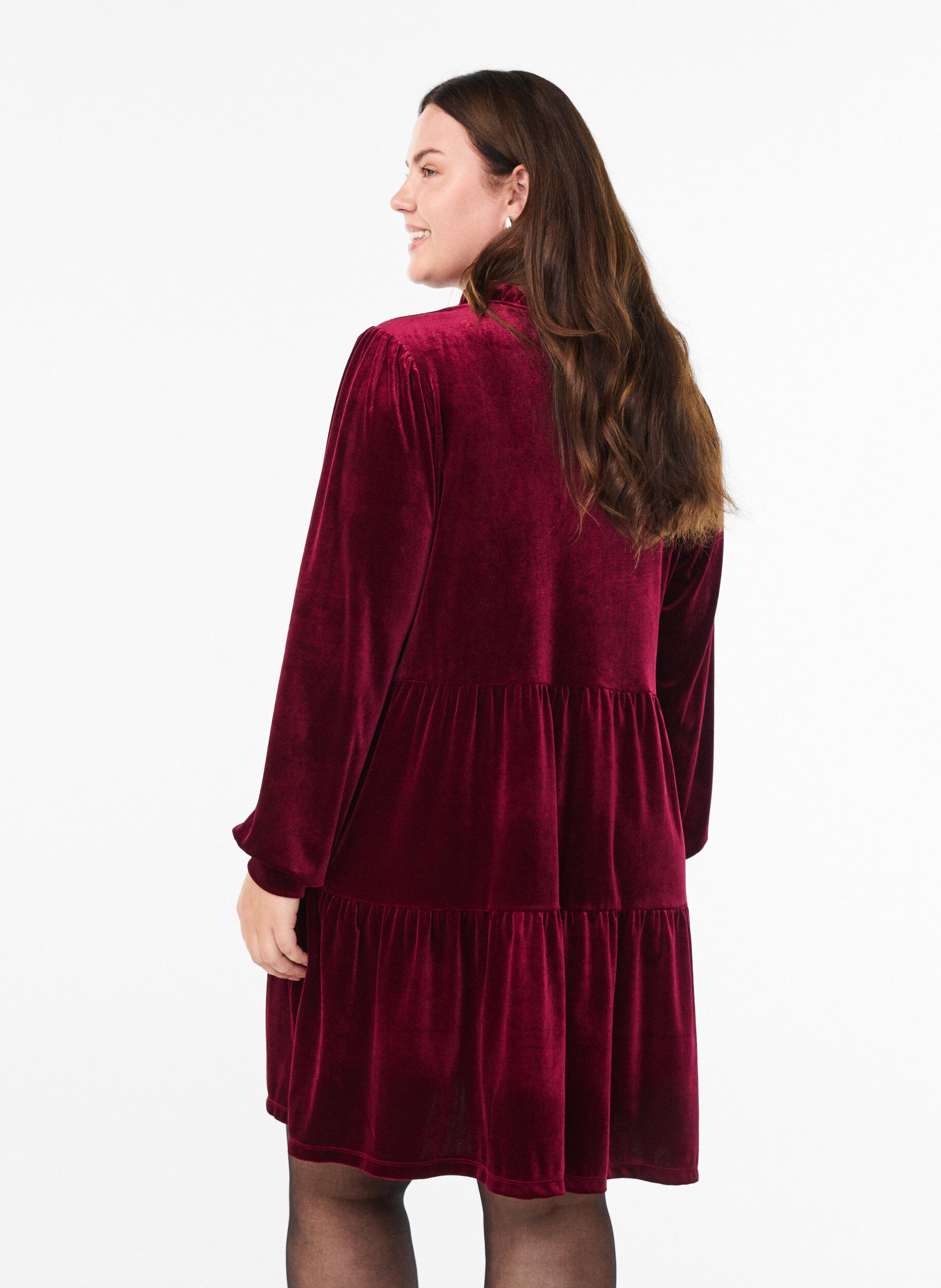 ZizziKort velourkjole med volangkrage og lange ermer, R&oslash;d, Model image number 2