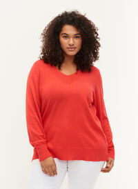 Strikkegenser i viskose med V-hals, Hibiscus, Model