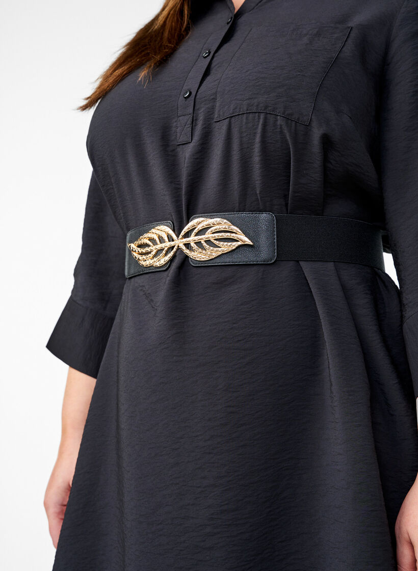 Elastisk midjebelte med gullfarget bladspenne, Black, Image image number 0