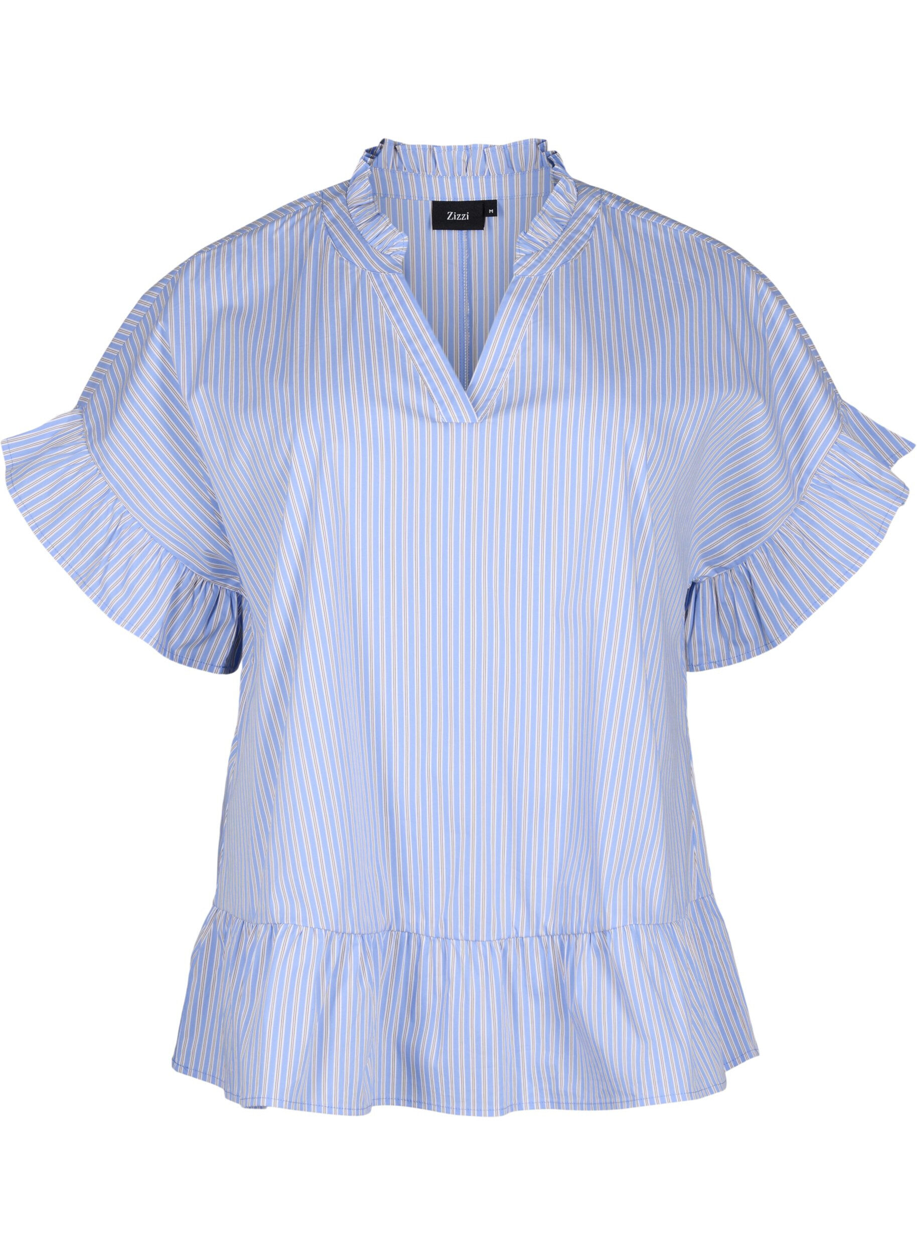 Zizzi Stripete bluse med peplum og volangdetaljer, Blue Stripe, Packshot image number 0