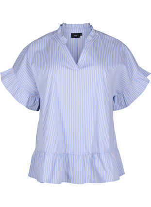 Stripete bluse med peplum og volangdetaljer, Blue Stripe, Packshot image number 0