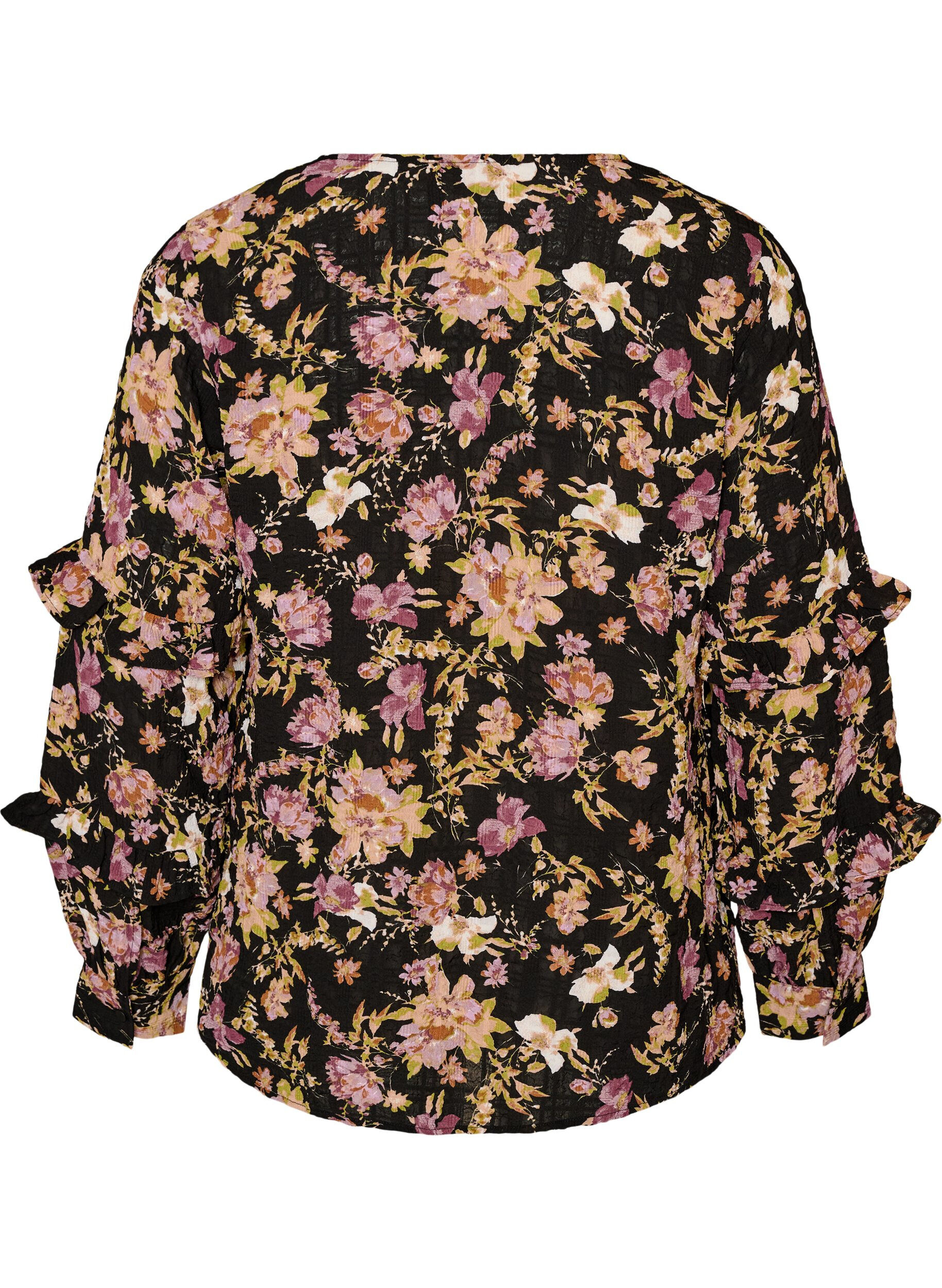 ZizziBluse med blomstertrykk og rysjedetaljer, Svart, Packshot image number 1