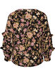 Bluse med blomstertrykk og rysjedetaljer, Svart, Packshot image number 1