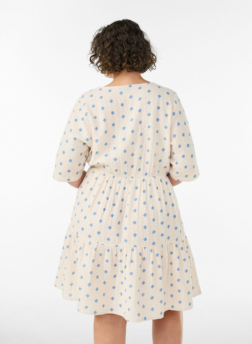 Trykt bomullskjole med elastisk midje, Beige, Model image number 2