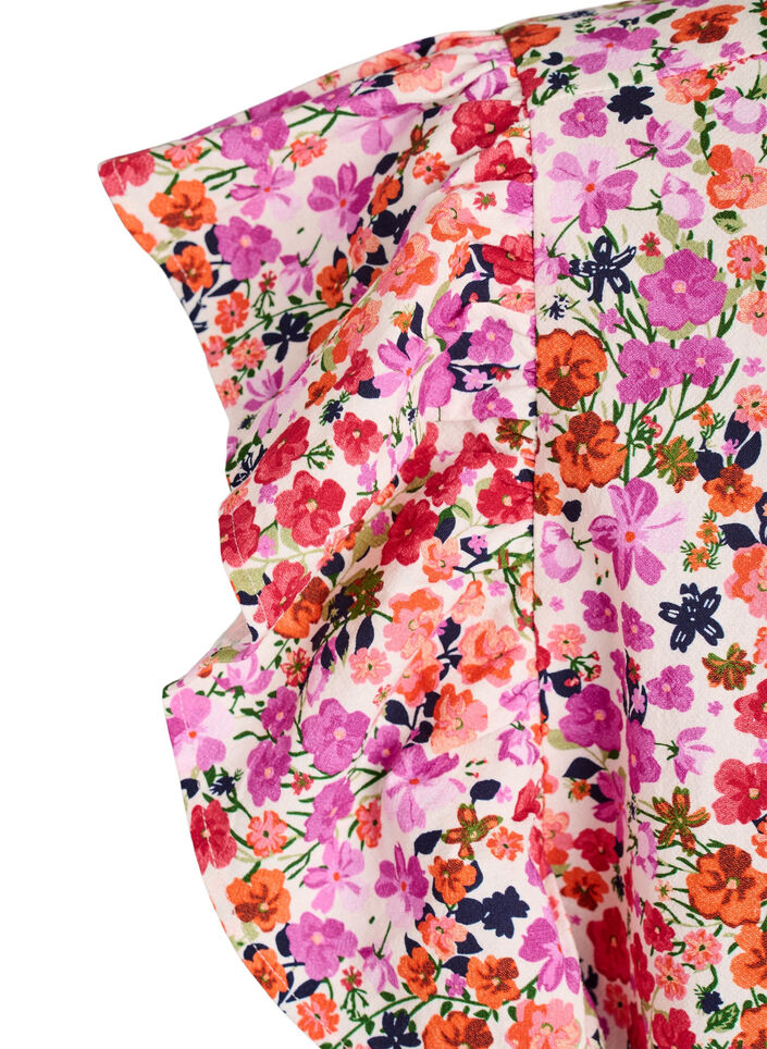 Blomstrete bomullskjole med volanger og V-hals, Rosa, Packshot image number 3
