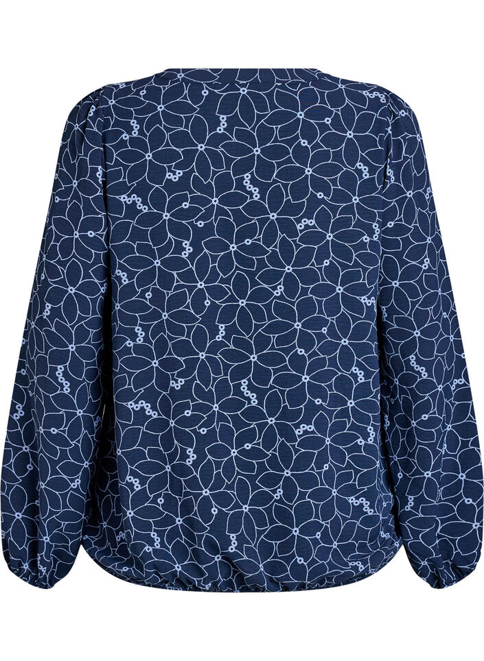 Langermet bluse med blomsterbroderi, Blå, Packshot image number 1