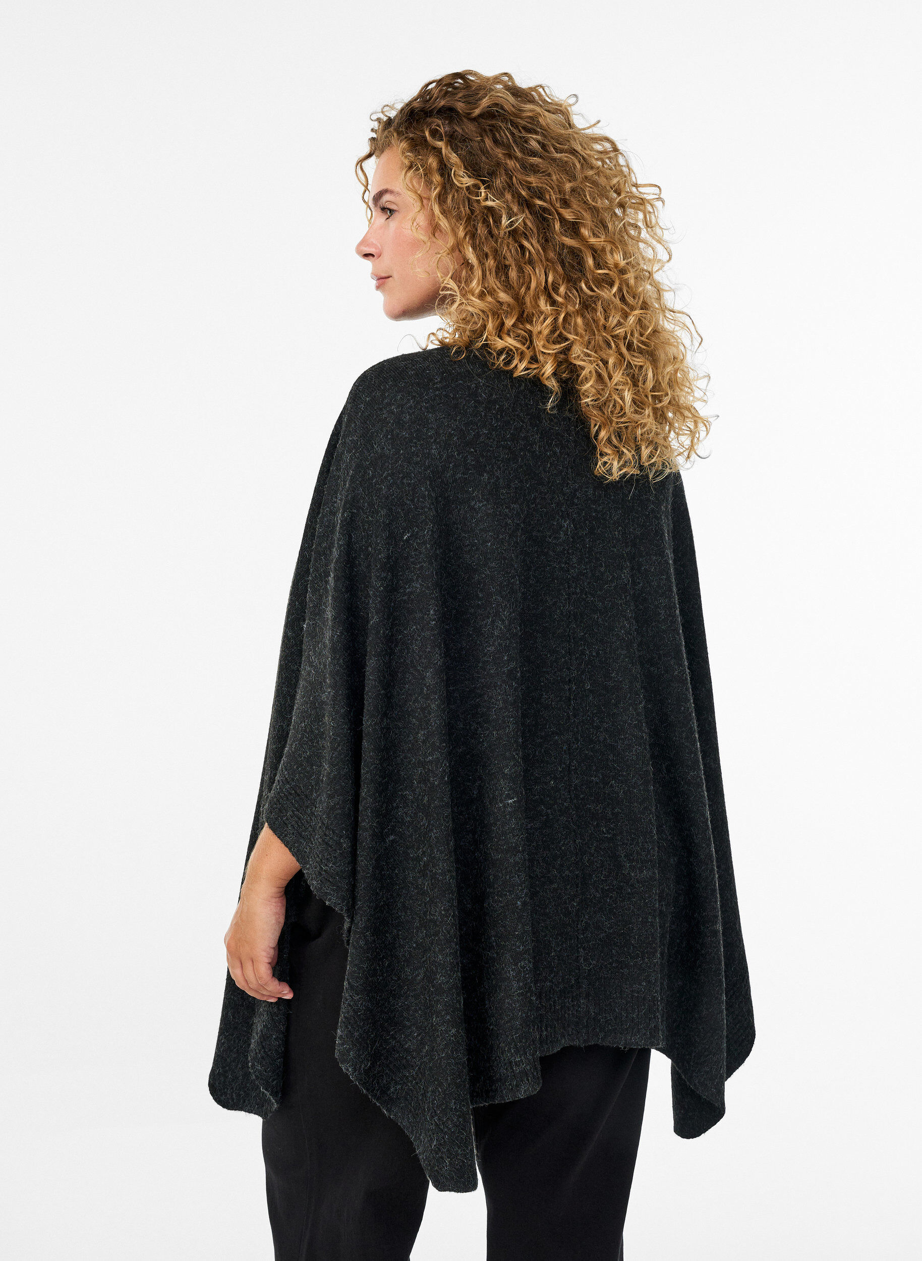 Zizzi Poncho med ribbedetaljer og rund hals, Gr&aring;, Model image number 2