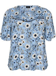 Bluse med blomstertrykk og korte ermer, Bl&aring;
