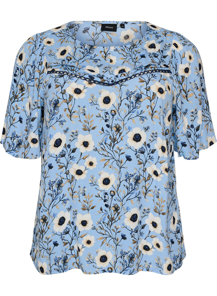 Bluse med blomstertrykk og korte ermer, Bl&aring;, Packshot image number 0