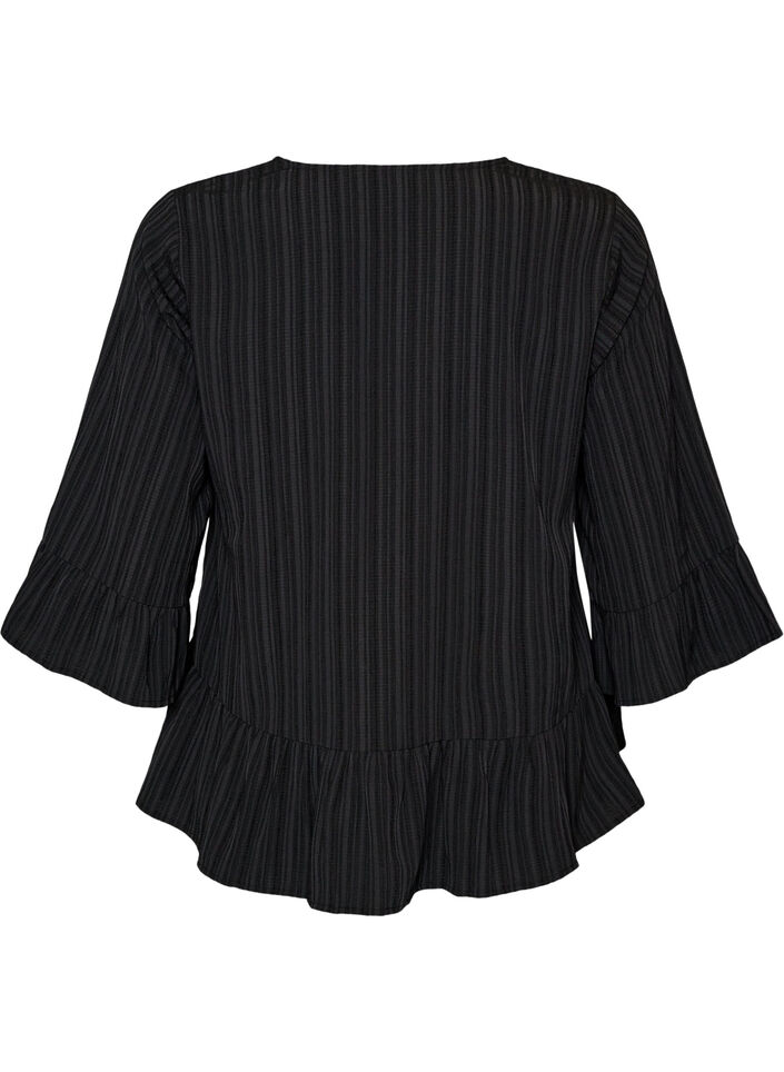 Bluse med tekstur, V-hals og rysjer, Svart, Packshot image number 1