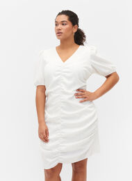 Kortermet kjole med draperinger og struktur, Bright White, Model