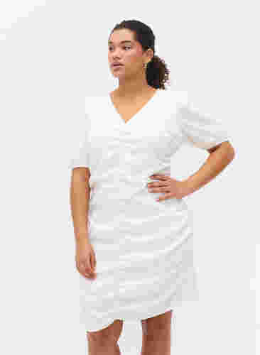 Kortermet kjole med draperinger og struktur, Bright White, Model image number 0