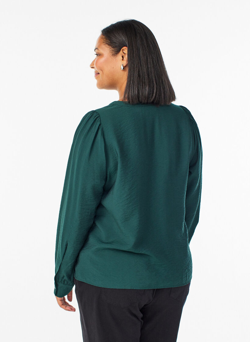 Bluse med V-hals og broderte bånd, Grønn, Model image number 2