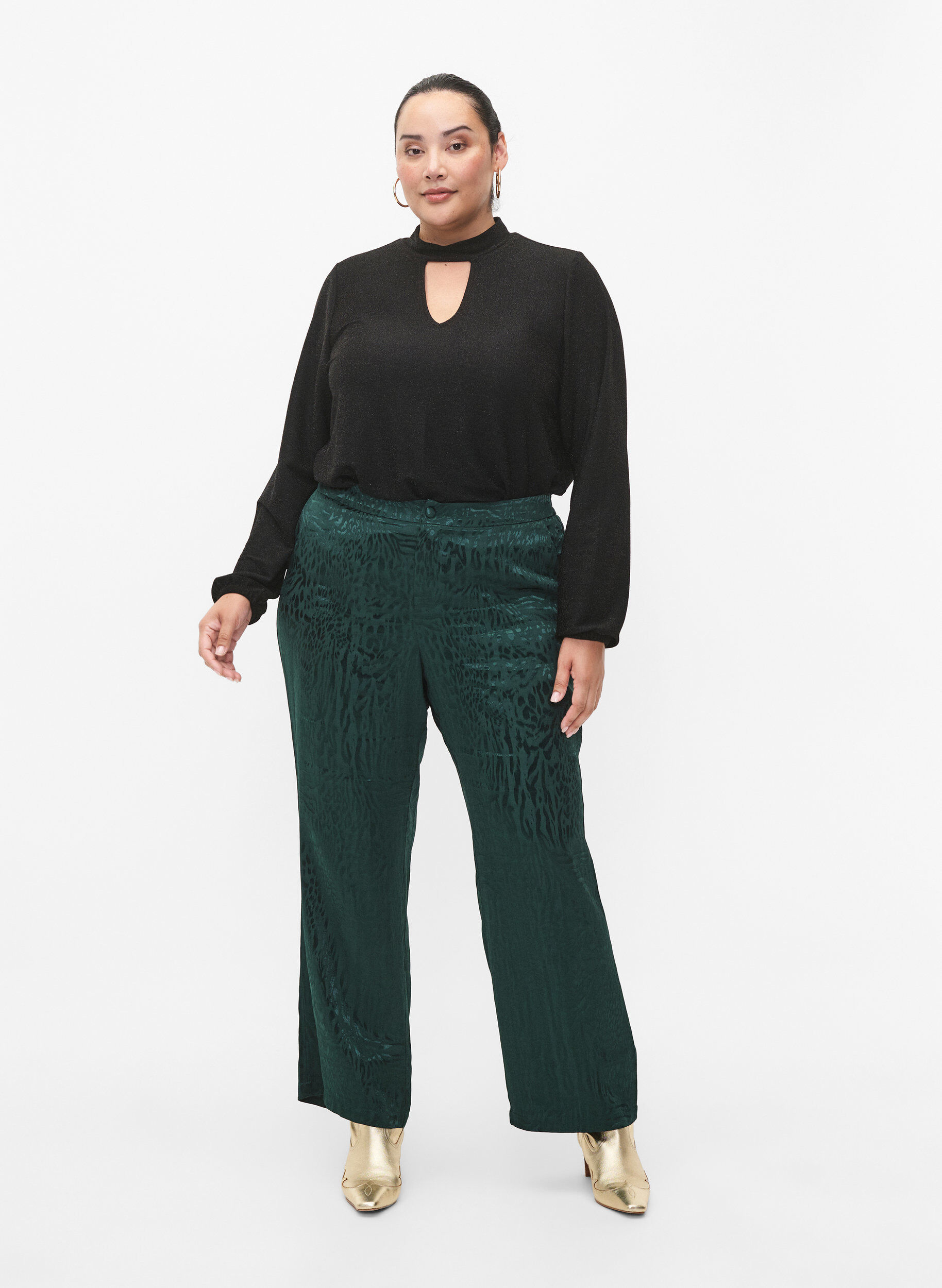 Zizzi Langermet bluse med glitter, rund hals og V-detalj, Black Black, Model image number 3