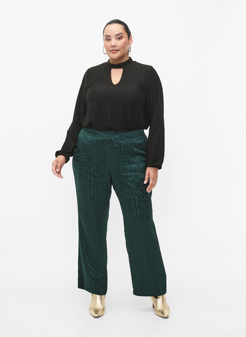 Langermet bluse med glitter, rund hals og V-detalj, Black Black, Model image number 3