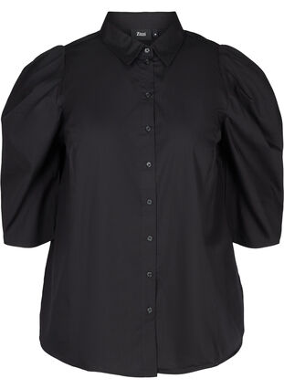 Bomullsskjorte med 3/4-puffermer, Black, Packshot image number 0