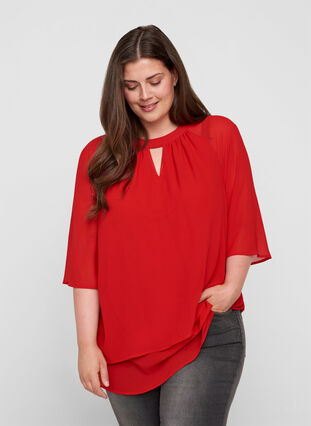Chiffonbluse med 3/4-ermer, Tango Red, Model image number 0