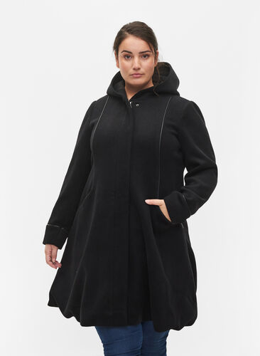 Jakke med ull og hette, Black Solid, Model image number 0