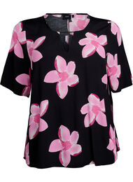Short sleeve Viscose Bluse med utskrift, Black Pink FlowerAOP
