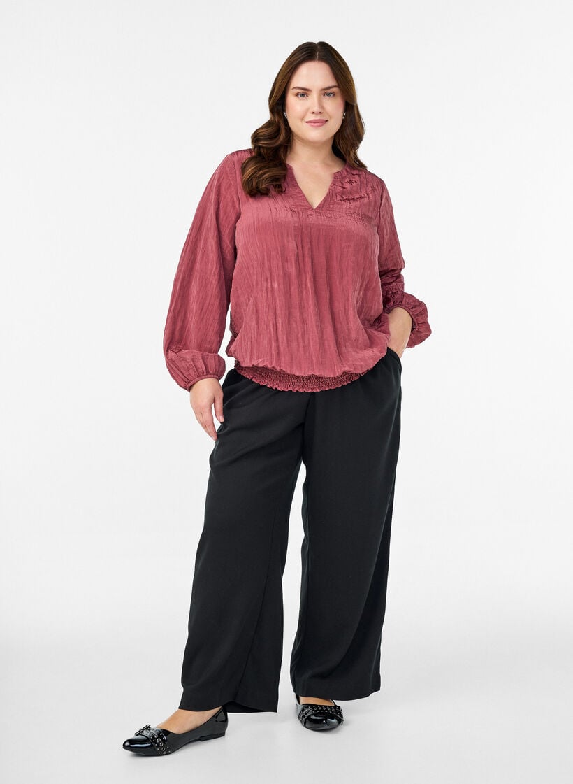 Bluse med V-hals og krøllete tekstur, Rosa, Model image number 1