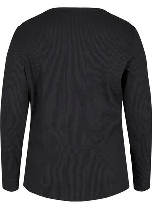 Langermet bluse i ribb med knappedetaljer, Black, Packshot image number 1